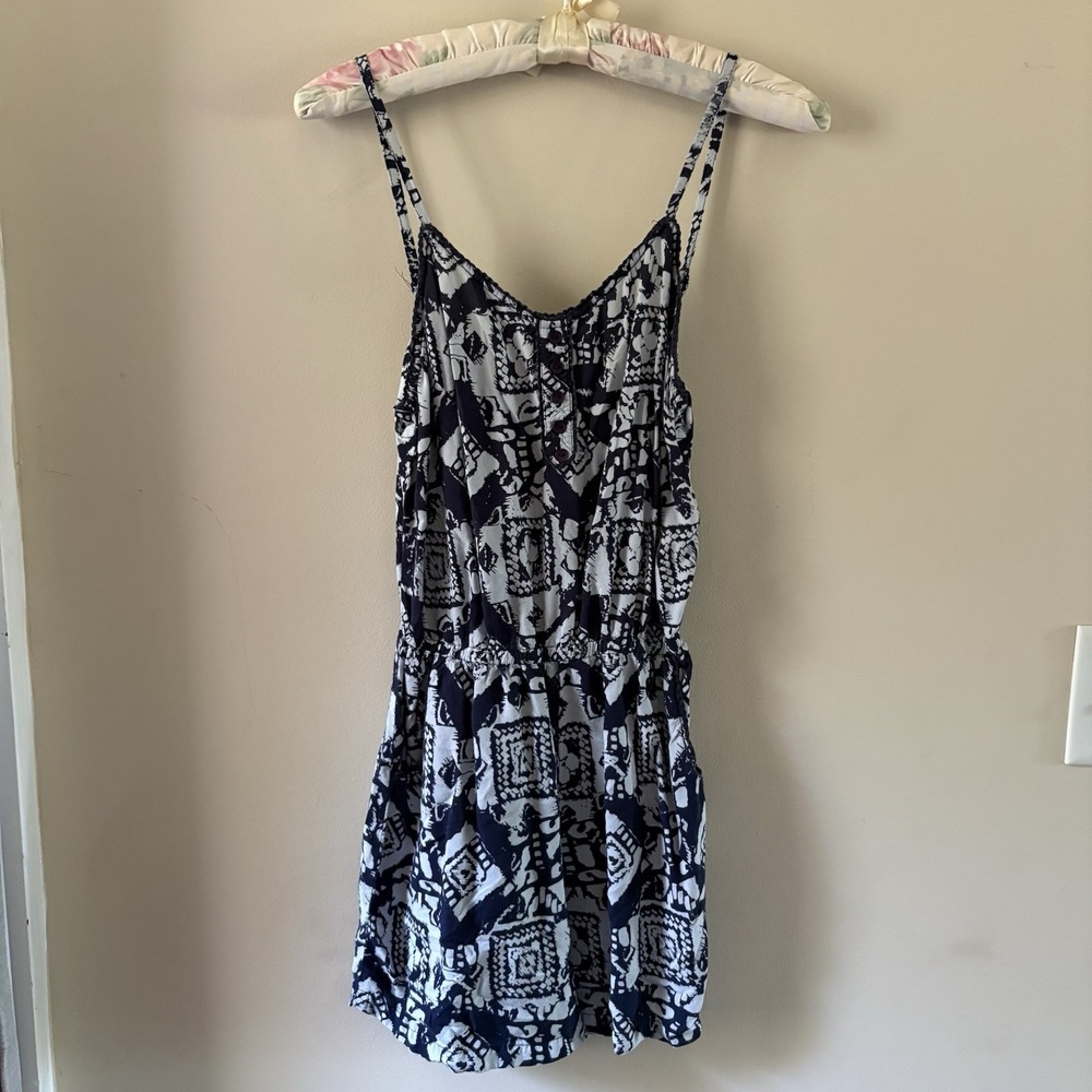 Ultra Pink Womens Ikat Print Button Front Romper Navy Blue White Womens Small